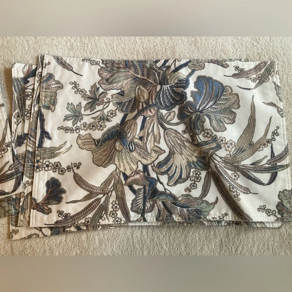Botanical Floral Fabric Placemats Set of 5 Neutral & Blue Tones